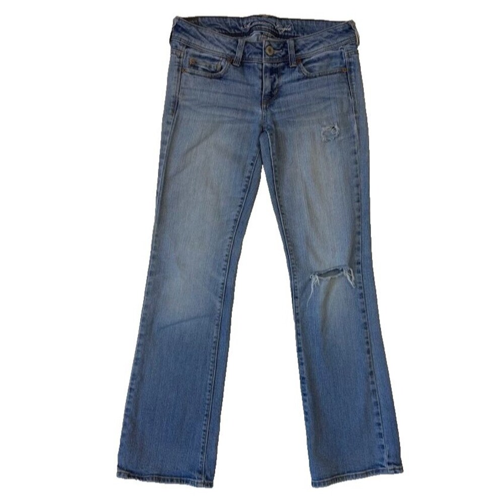 90s/Y2K American Eagle Low Rise Slim Boot Distressed 100% Cotton Blue Jeans, 4